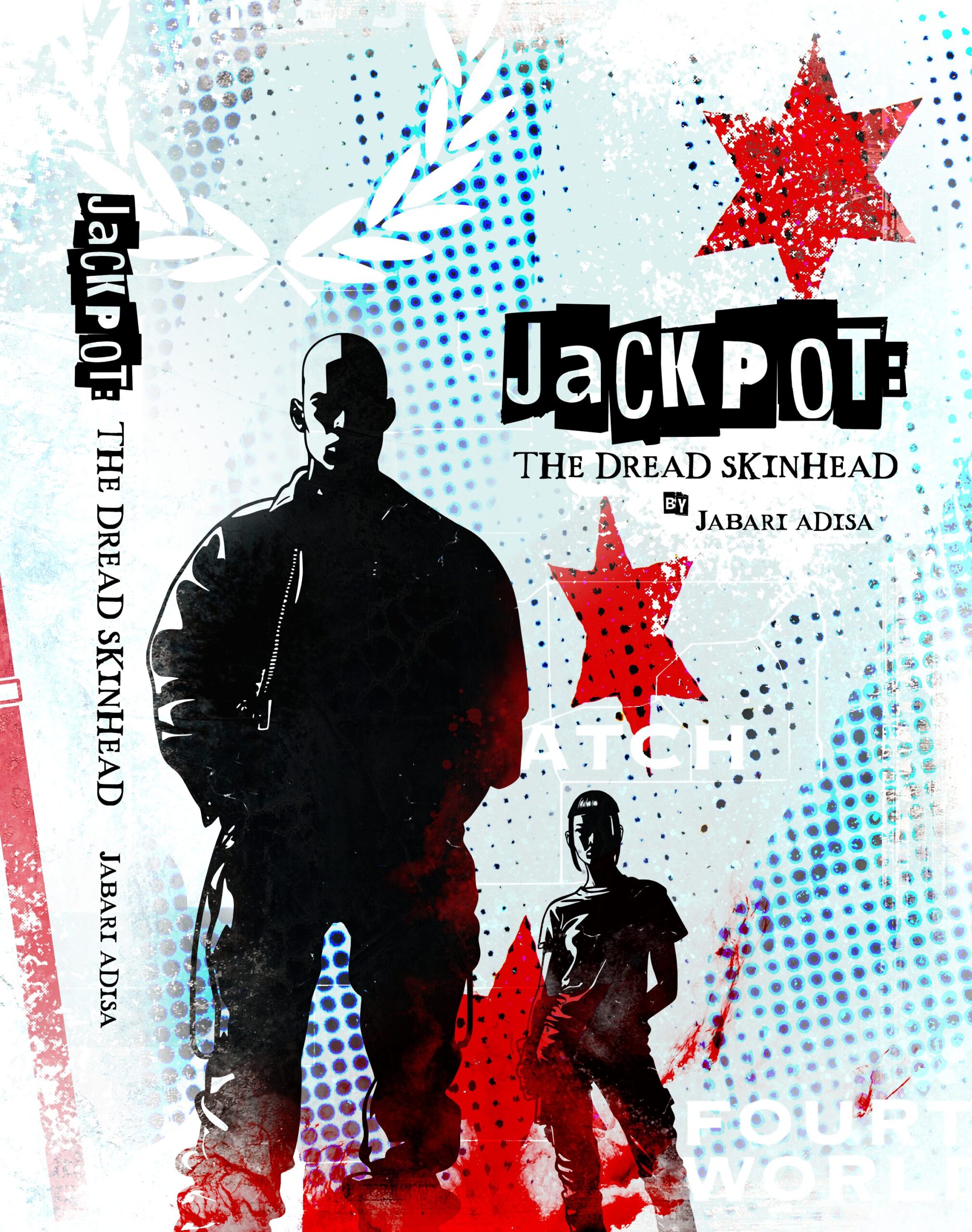 Image. cover art for Jackpot: The dread skinhead. Depicts a male skinhead, dressed in a bomber jacket, alongside a female skinhead. Background shows the colors of the chicago city flag.
